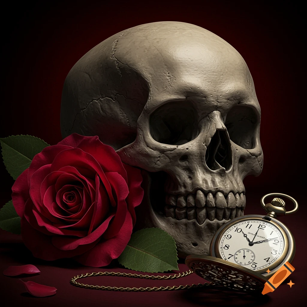 A skull rests beside a vibrant red rose and an antique pocket watch.