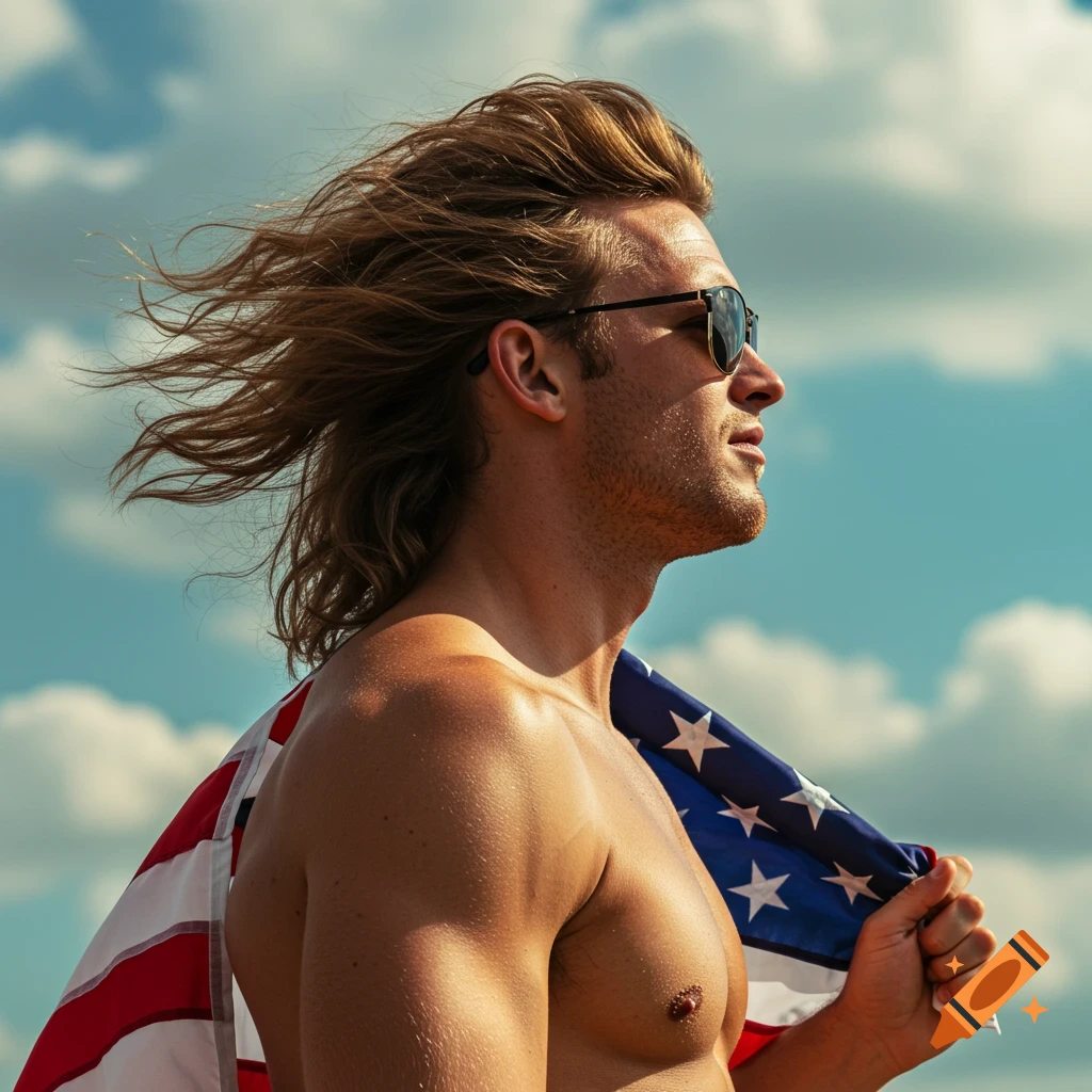 Man with a mullet, sunglasses, and American flag over his shoulder, hair blowing in the wind under a cloudy sky.