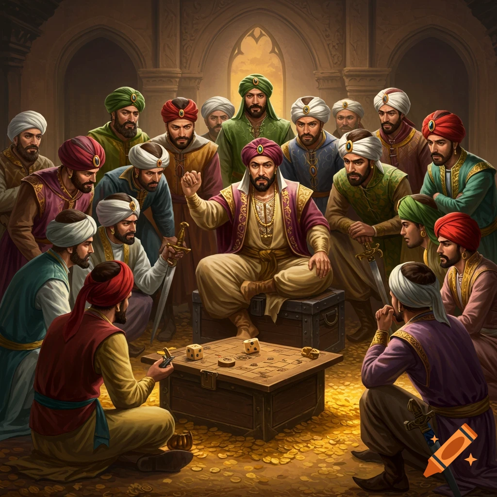A group of men in colorful traditional clothing gathered around a game board and chest of gold.
