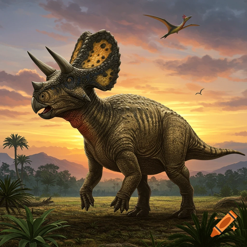 A large, horned dinosaur stands in a prehistoric landscape at sunset, with a pterosaur flying overhead.