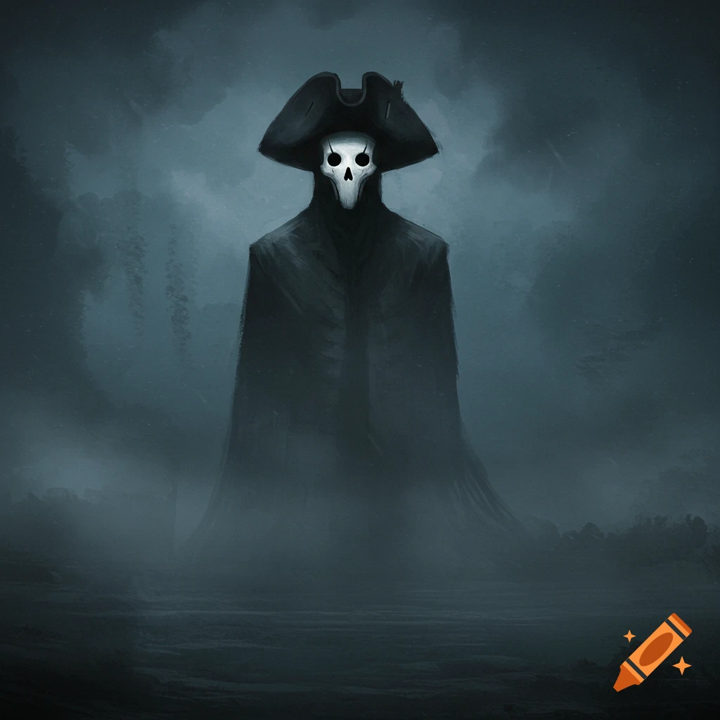 Eerie figure with skull mask and tricorn hat in fog