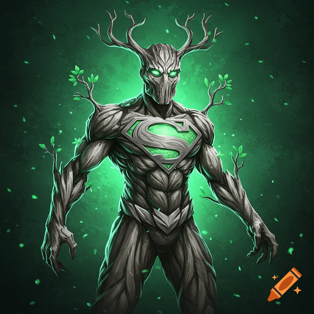 A superhero creature made of wood and vines, with antlers and a glowing green S symbol on its chest.
