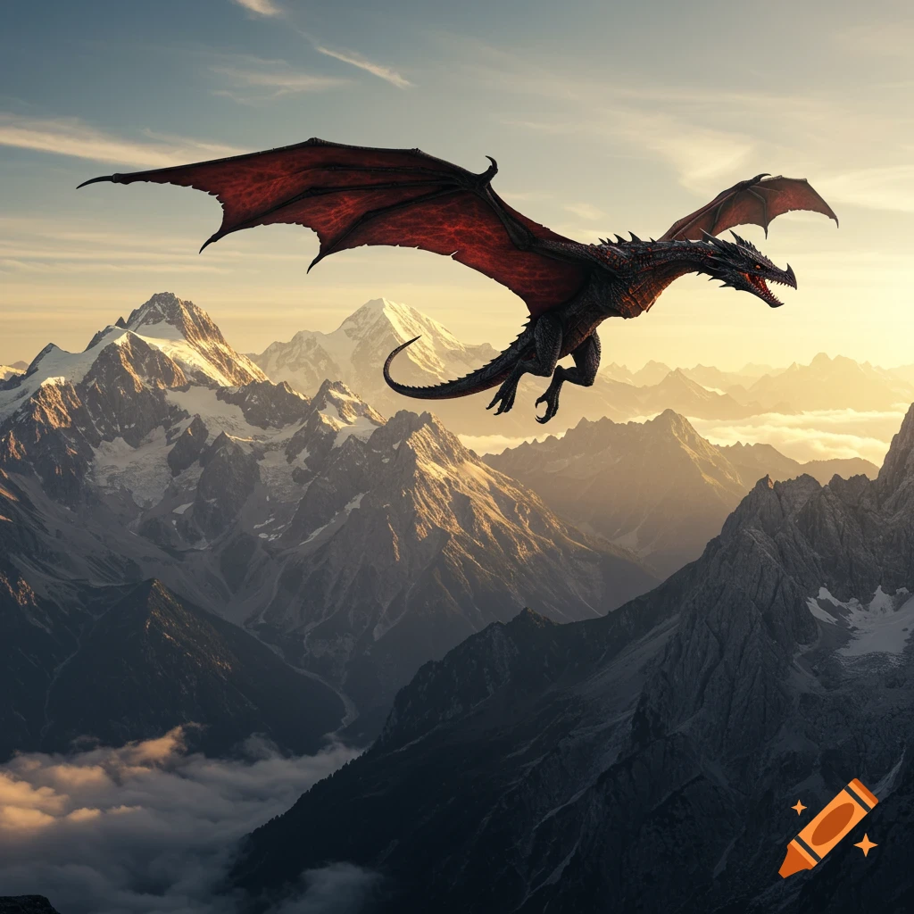 A dark red dragon flies over snow-capped mountains at sunset.