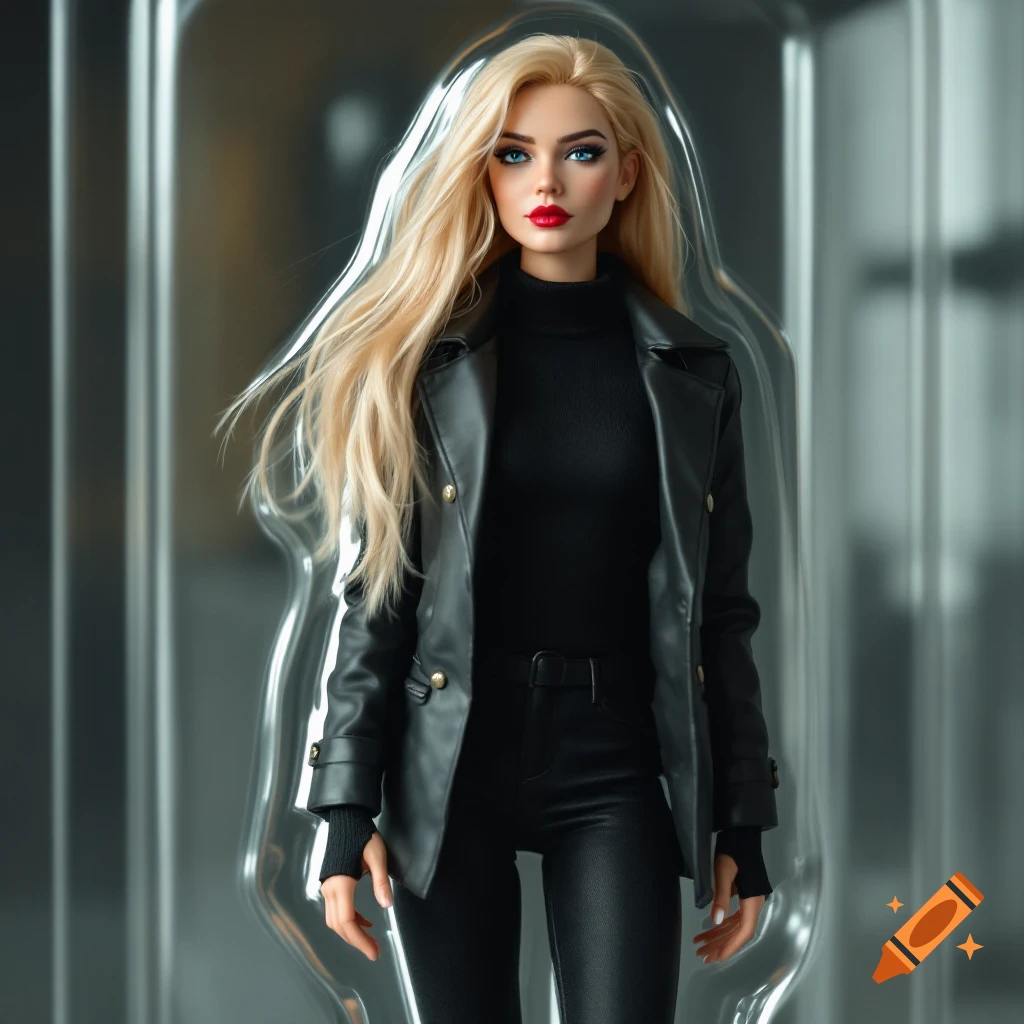 A stylized female character in a black leather jacket and turtleneck stands inside transparent toy packaging.