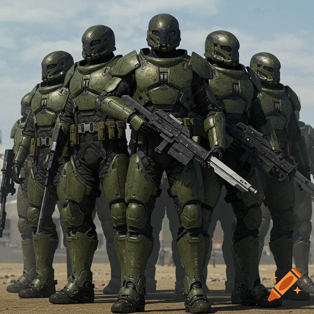 Group of futuristic soldiers in dark green armor standing with weapons in a desolate landscape.