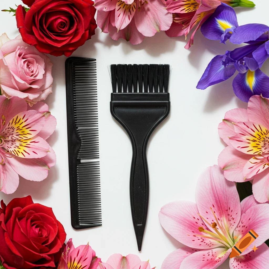 A black comb and hair dye brush surrounded by red, pink, and purple flowers on white.
