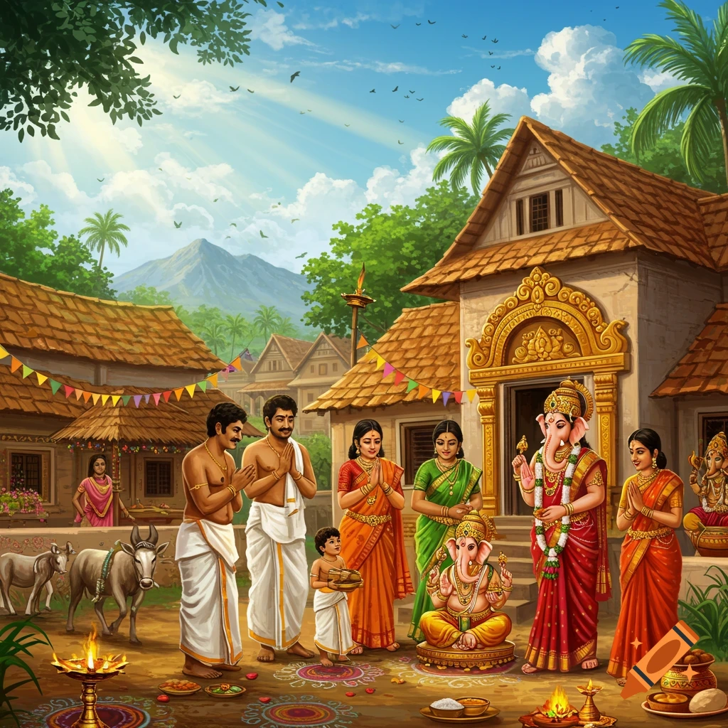 A Tamil village scene with people celebrating a festival around a Ganesha statue outside a temple.