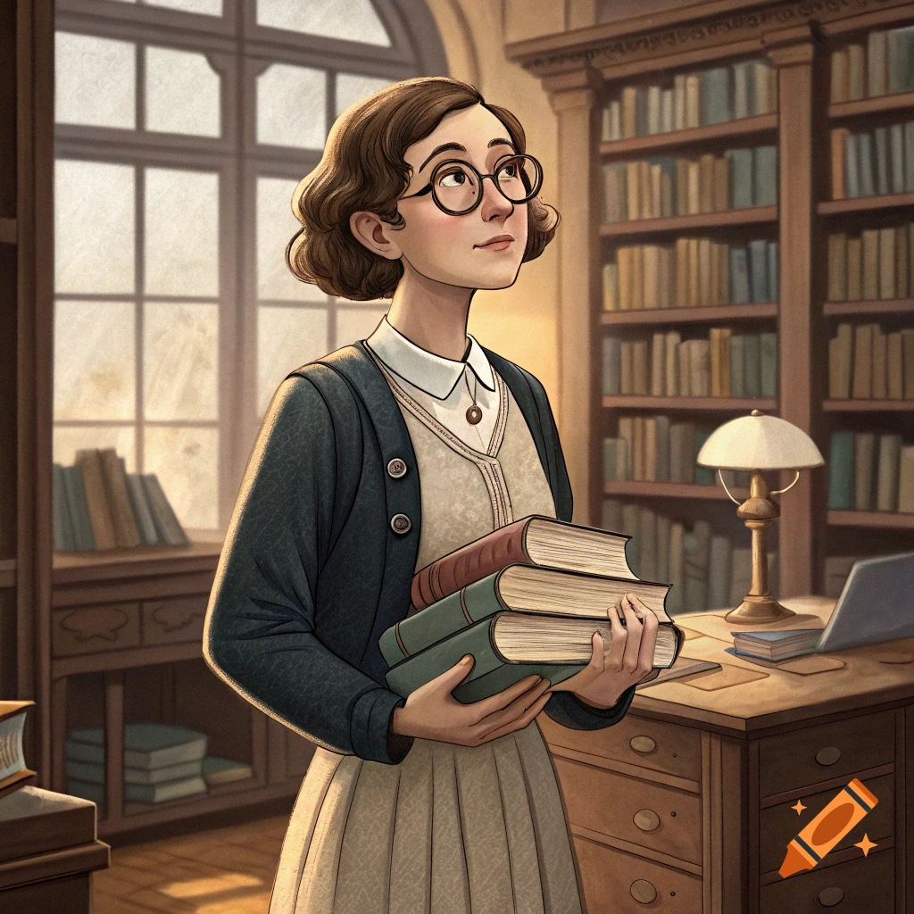 A woman with glasses, dressed in 1920s style, holds books in a library.