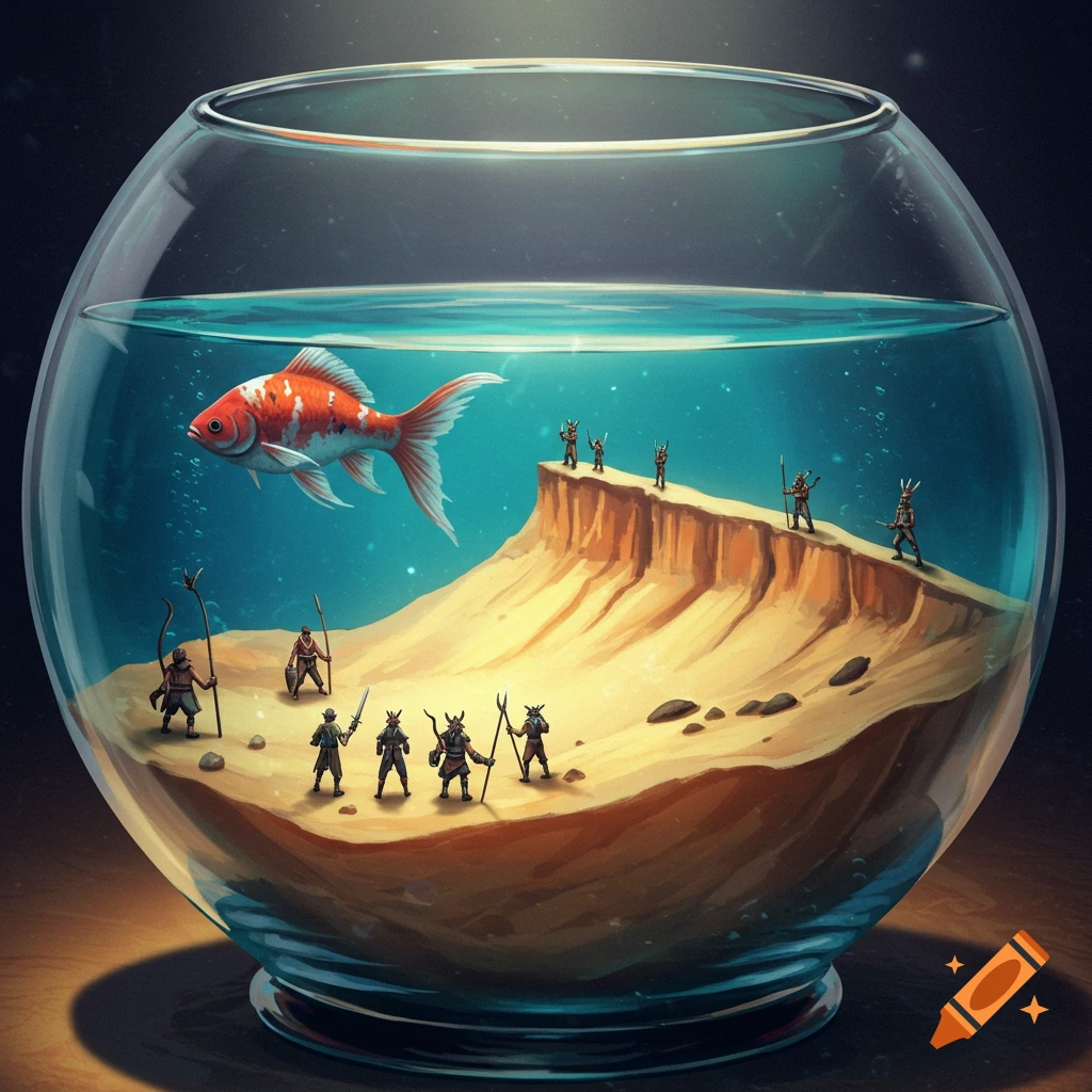 A fishbowl containing a sand dune island guarded by tiny figures, with a large goldfish swimming above.
