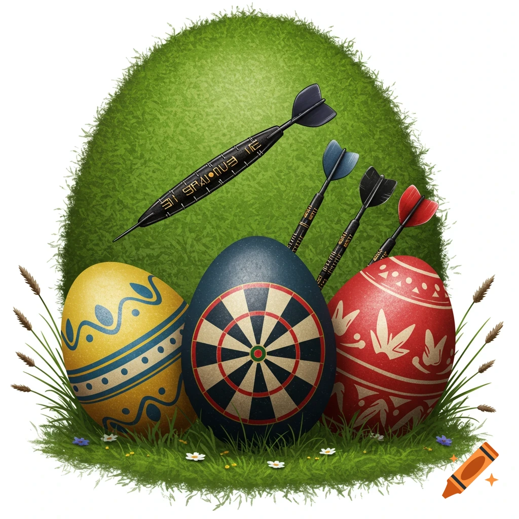 Easter eggs decorated with dart themes and actual darts on grass.