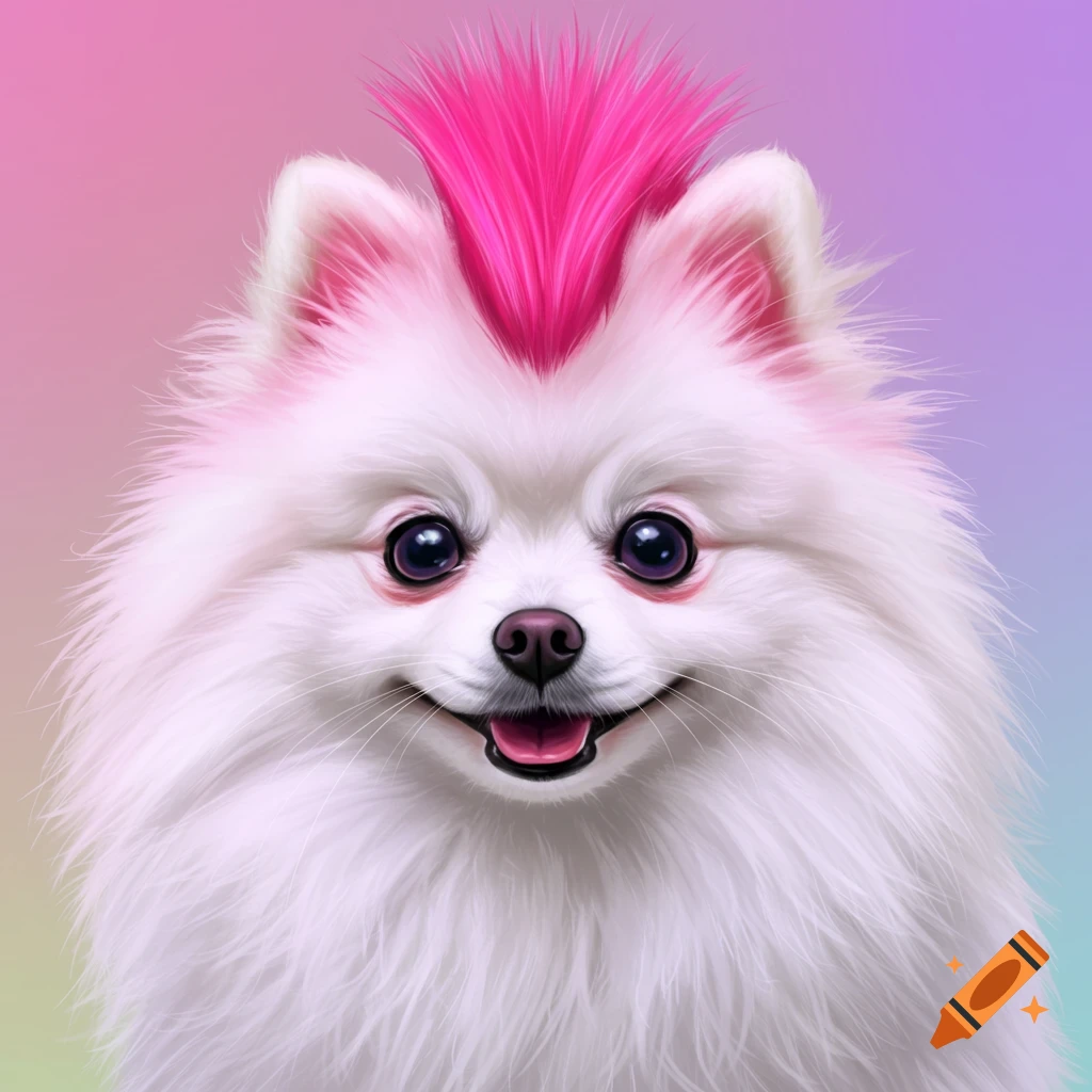 Fluffy white dog with a pink mohawk against a pastel gradient background.