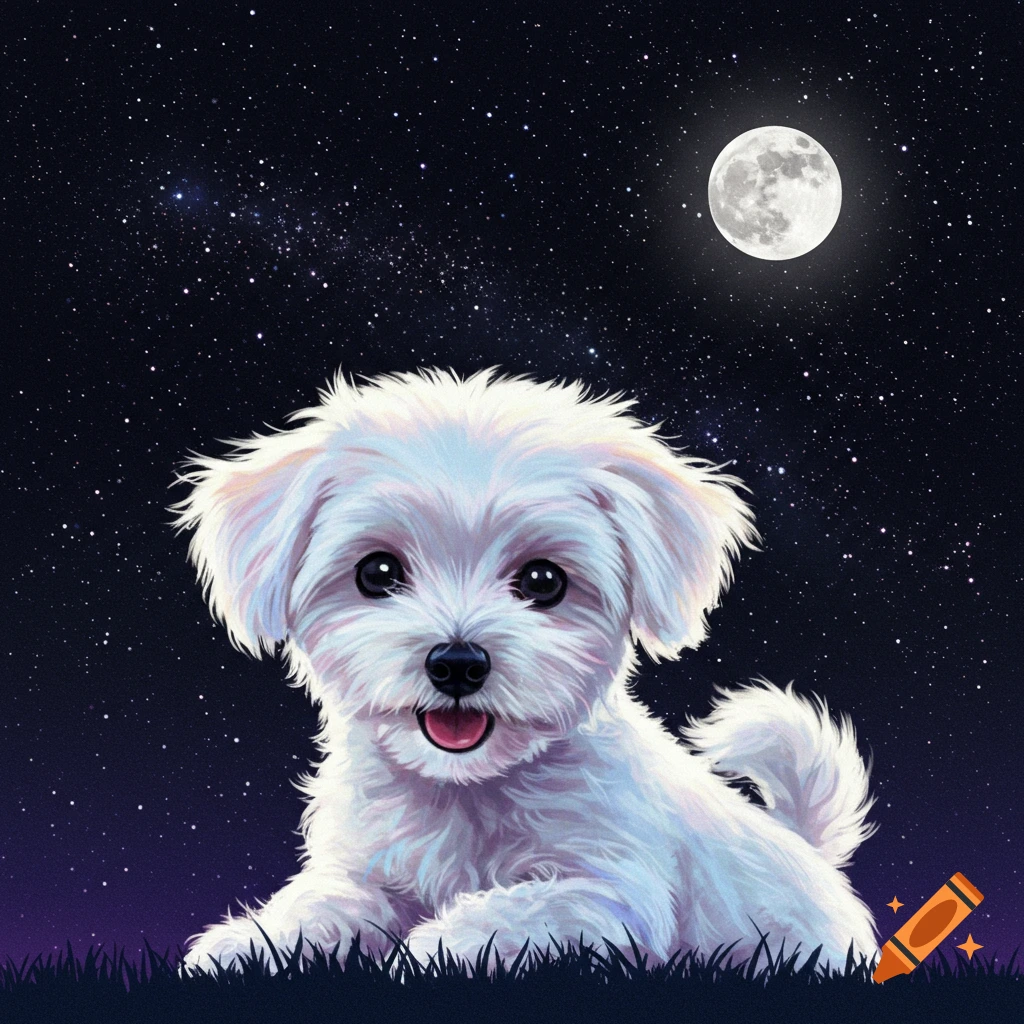 A white puppy under a starry night sky with a full moon.