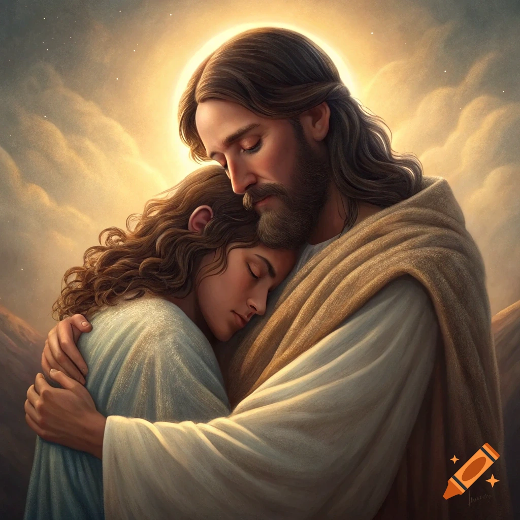 Jesus embracing a person in a warm, spiritual scene