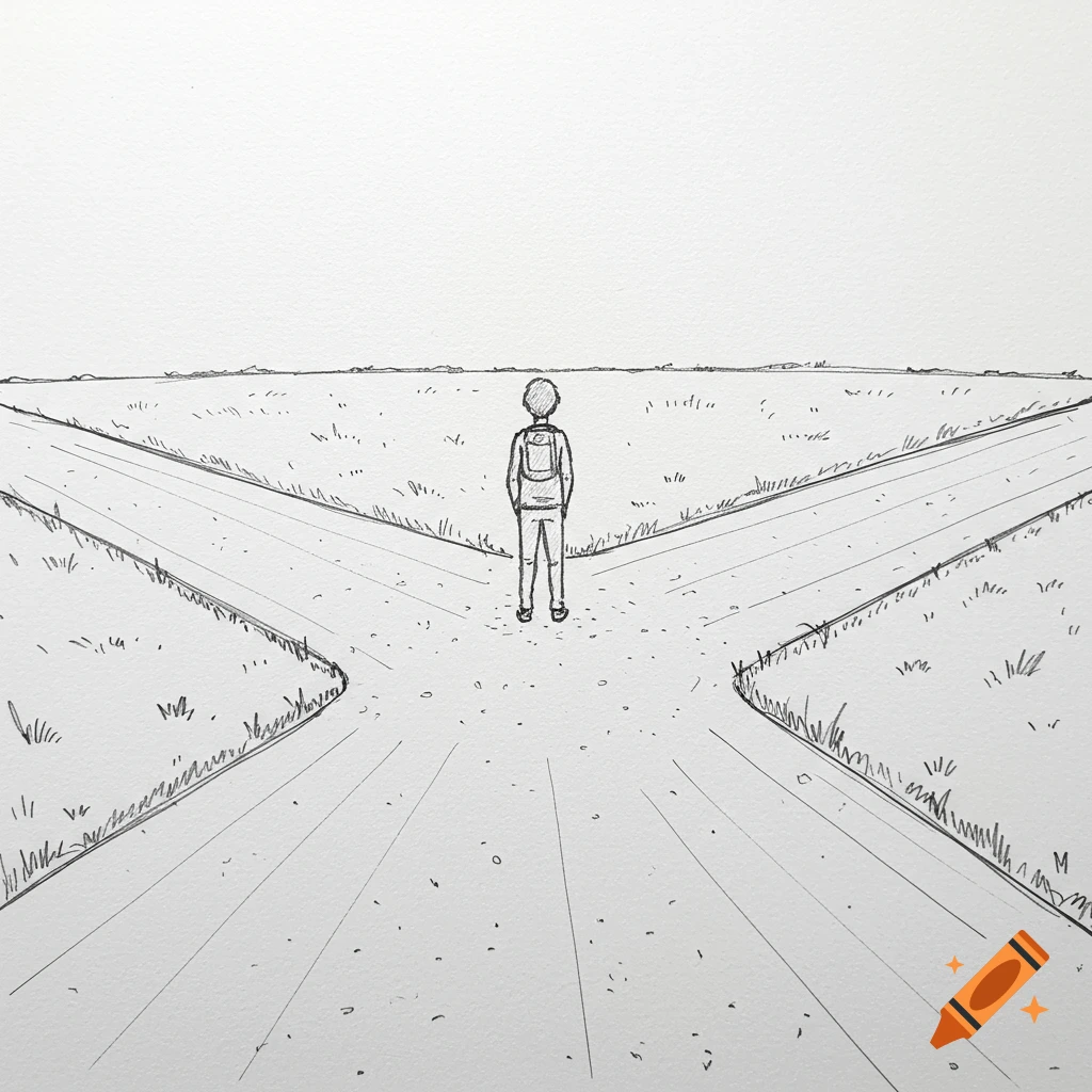 A simple pencil drawing of a person standing at a fork in a dirt path.