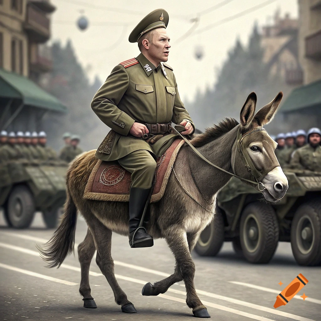 Man in military uniform rides a donkey in a parade