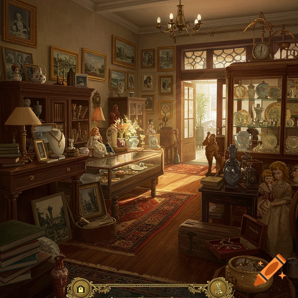 The cluttered interior of an antique store is filled with furniture, paintings, display cases, dolls, books, and various objects.
