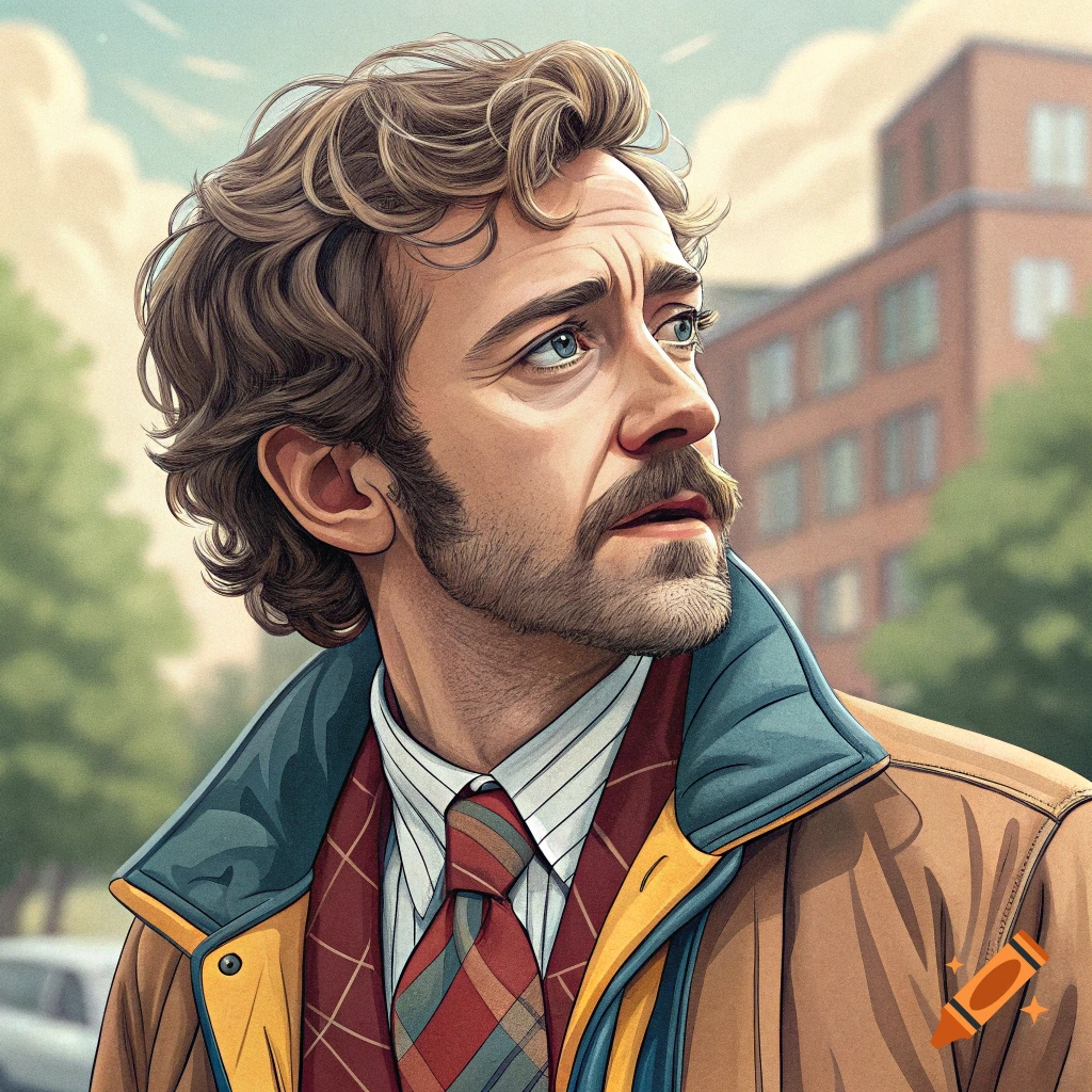 Illustration of a man in a jacket and tie looking upwards.