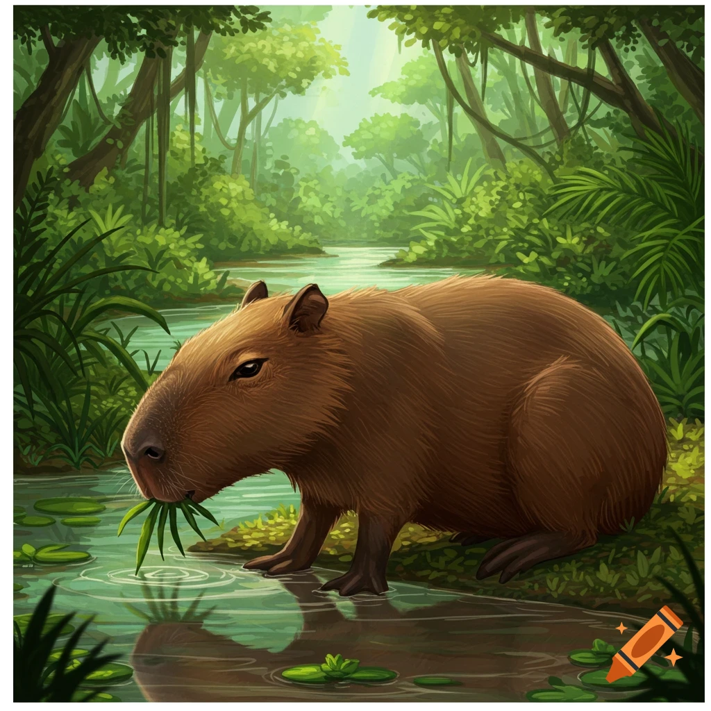 A capybara eats leaves by a river in a rainforest