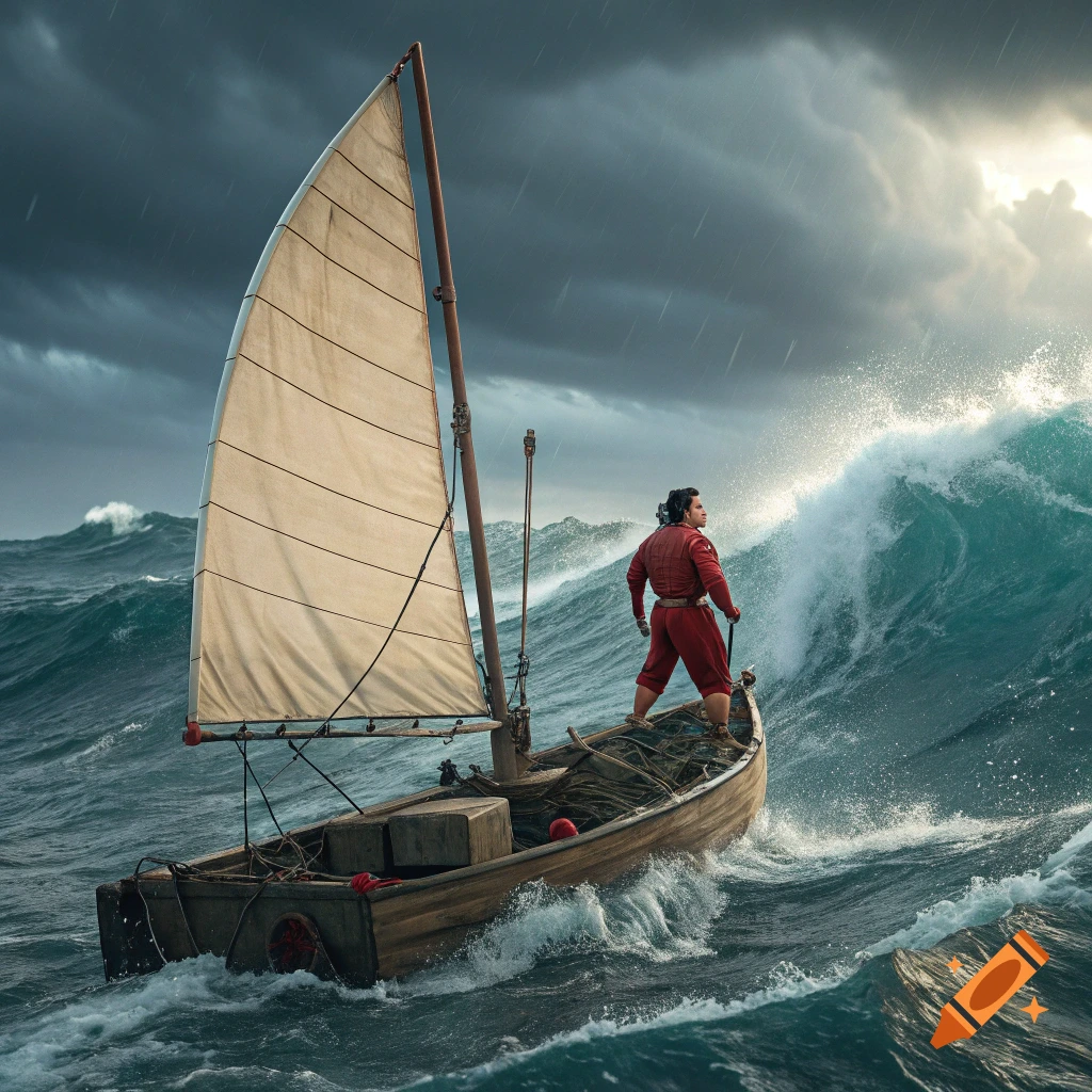 Person in red on a sailboat in a stormy ocean with large waves.