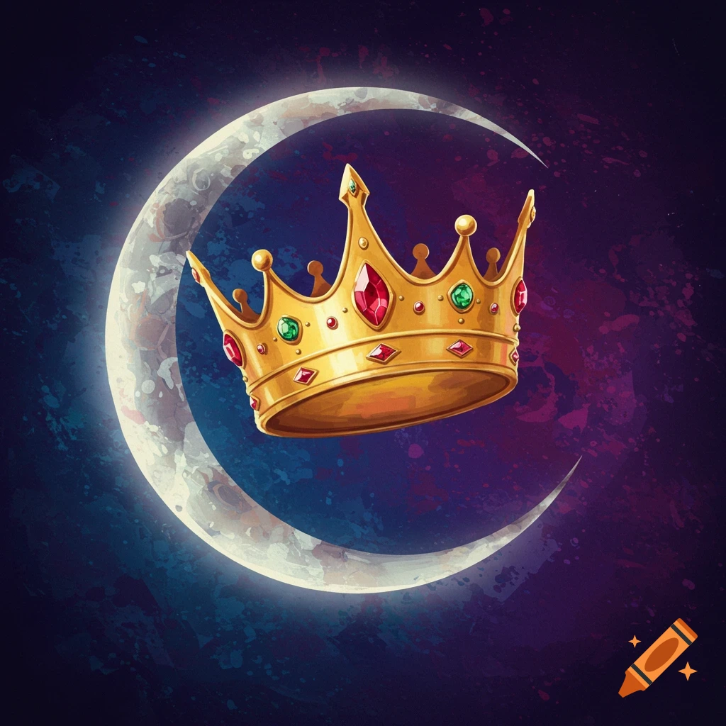 A golden crown adorned with gems sits in front of a glowing crescent moon against a dark, abstract sky.