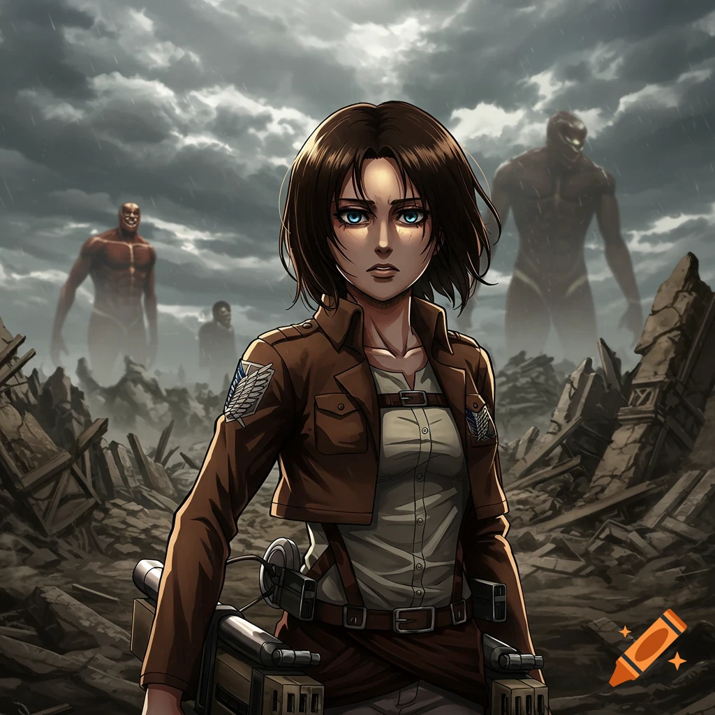 Anime character in military uniform with gear stands in destroyed city with titans in background under cloudy sky.