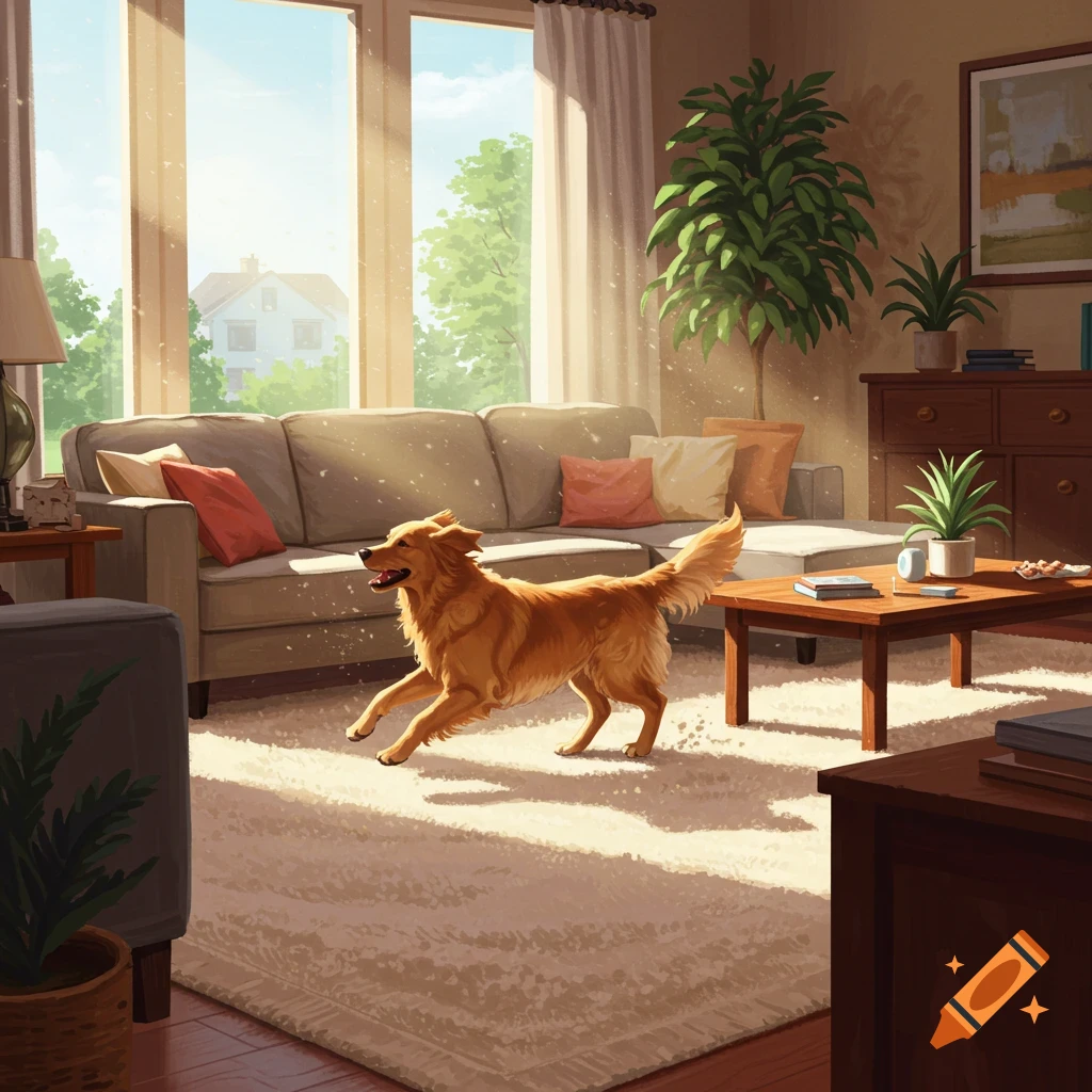 A golden retriever runs through a sunlit living room.
