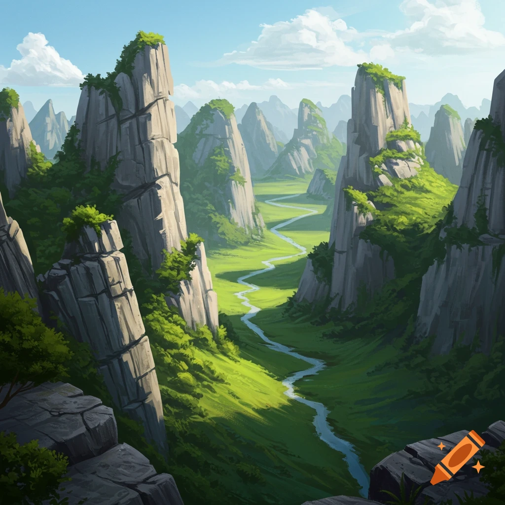 A valley with green grass, a winding river, and tall karst rock formations under a blue sky with clouds.