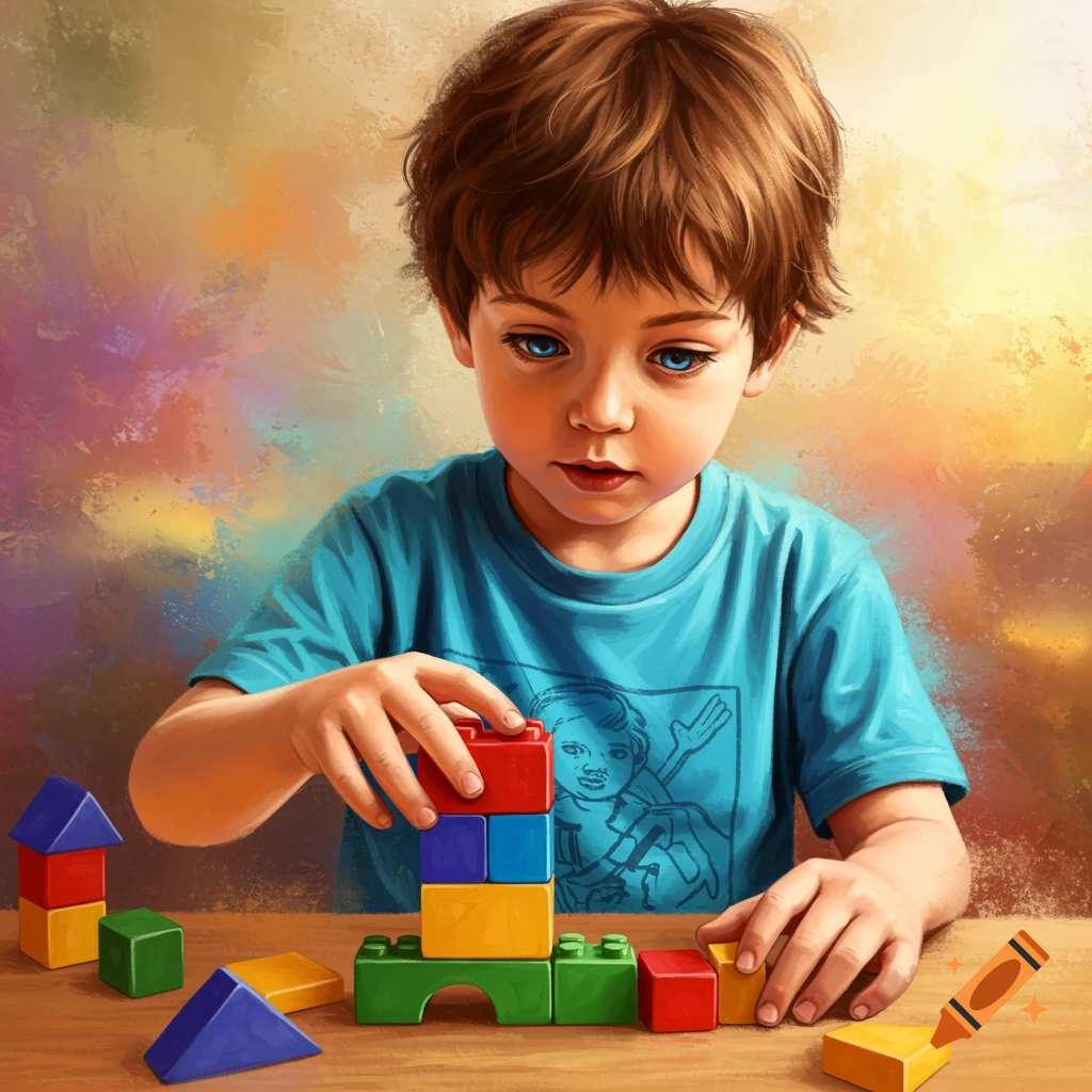 A young boy with bright blue eyes playing with colorful building blocks.