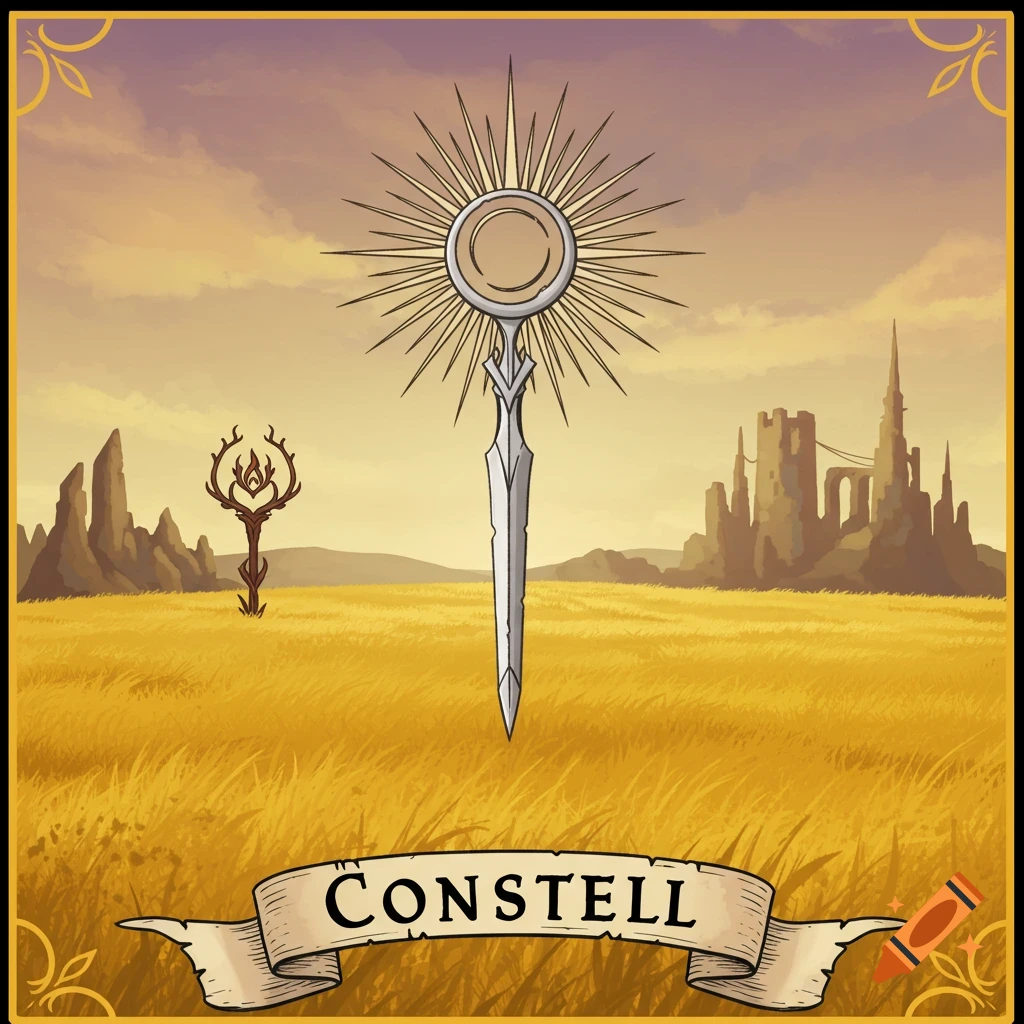 Fantasy crest with sunburst sword over a golden field and distant ruins, illustration style.