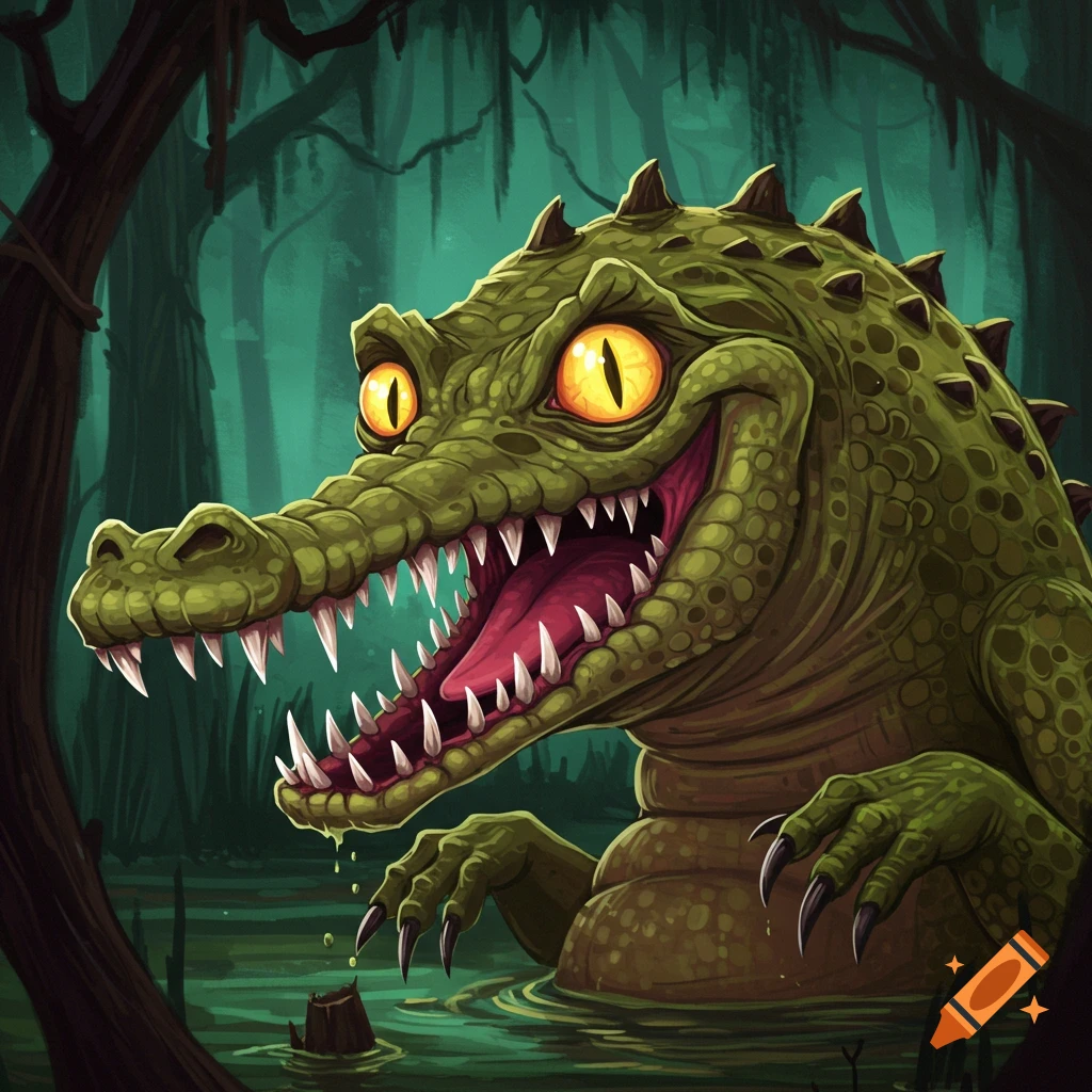 A cartoon green alligator with big eyes and mouth open in a dark swamp.