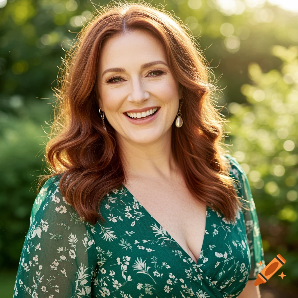 A close-up portrait of a smiling woman with auburn hair wearing a green floral dress in a sunlit garden.