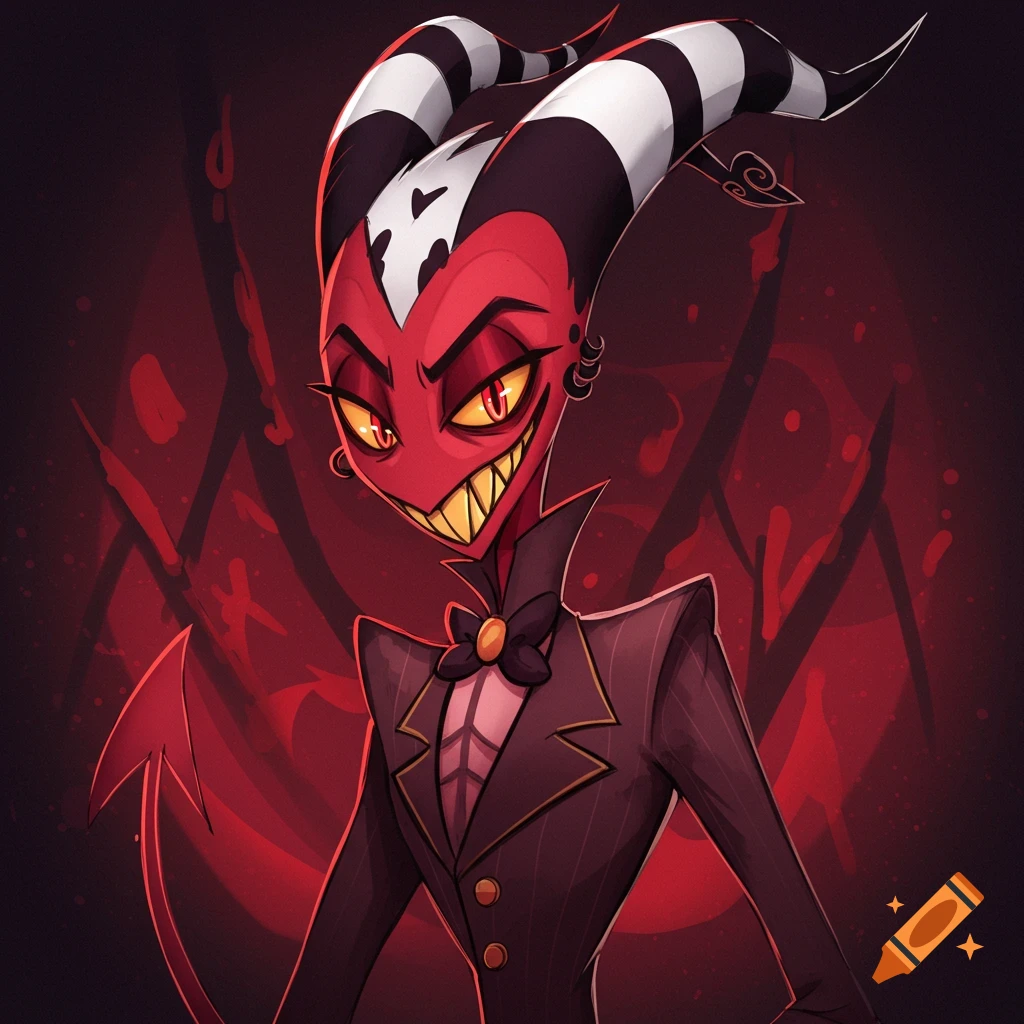 A red imp character in a suit with striped horns and tail.