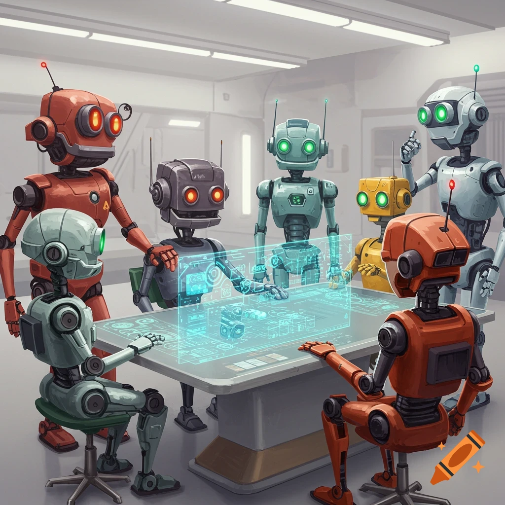 Diverse robots meeting around a table with a holographic display.