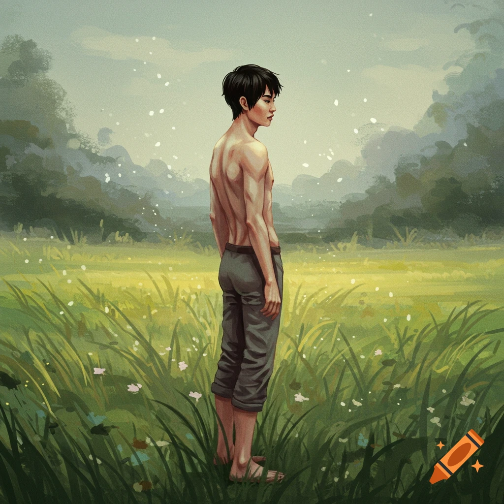 A shirtless man is standing in a grassy field.