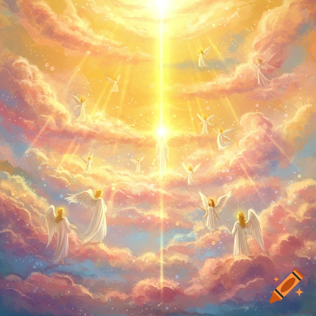 Numerous angels float among bright, colorful clouds with a divine light streaming down from above.