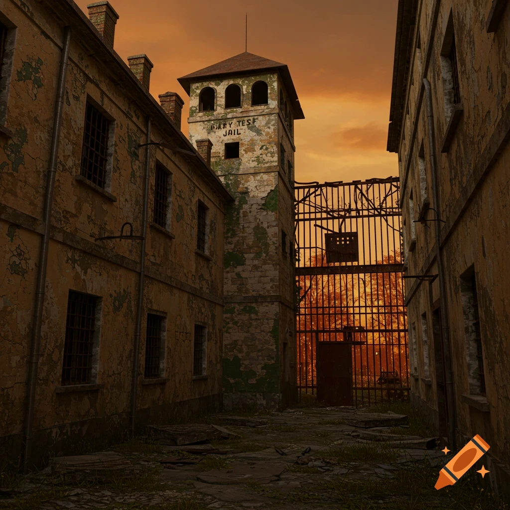 An abandoned jail or prison complex at sunset.