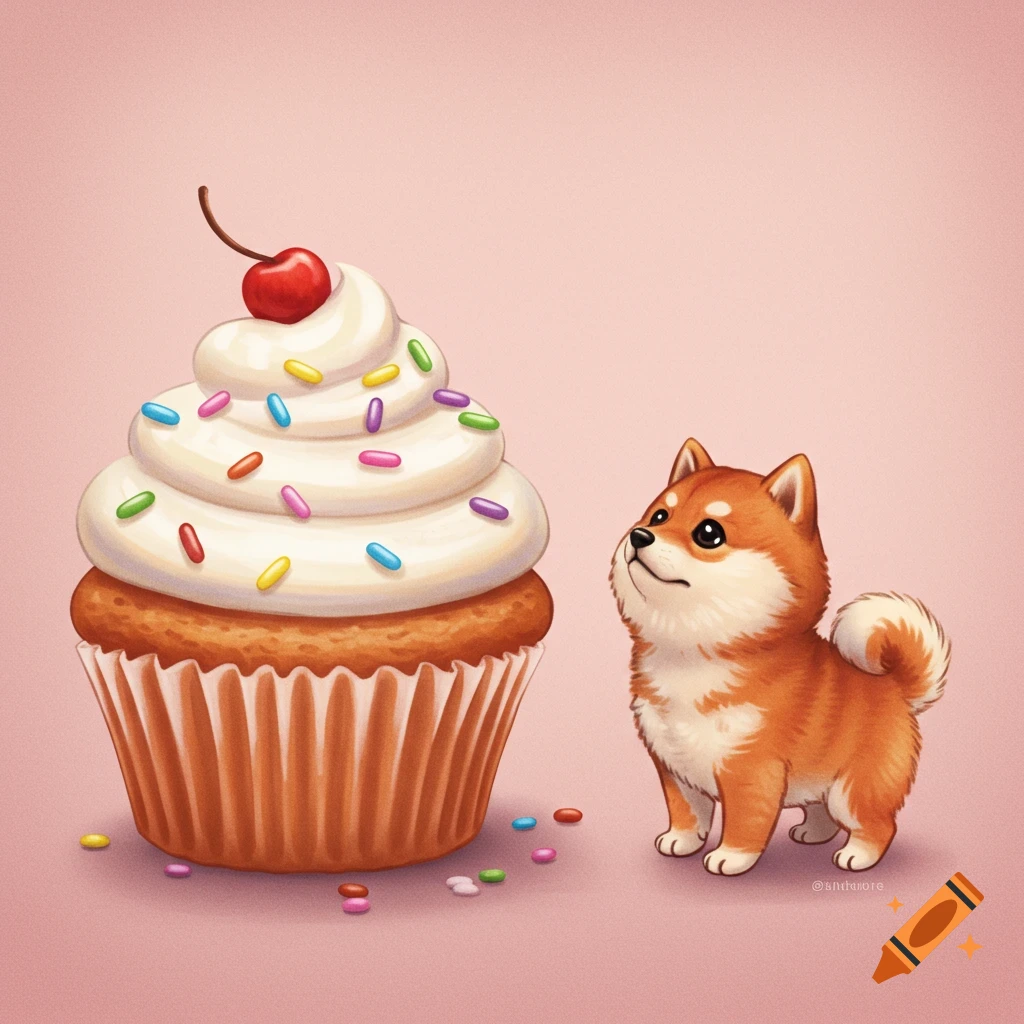 A cute Shiba Inu puppy looks up at a large cupcake with frosting and sprinkles. Digital illustration.
