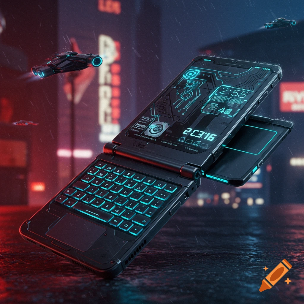 A futuristic foldable phone with a keyboard in a rainy cyberpunk city.