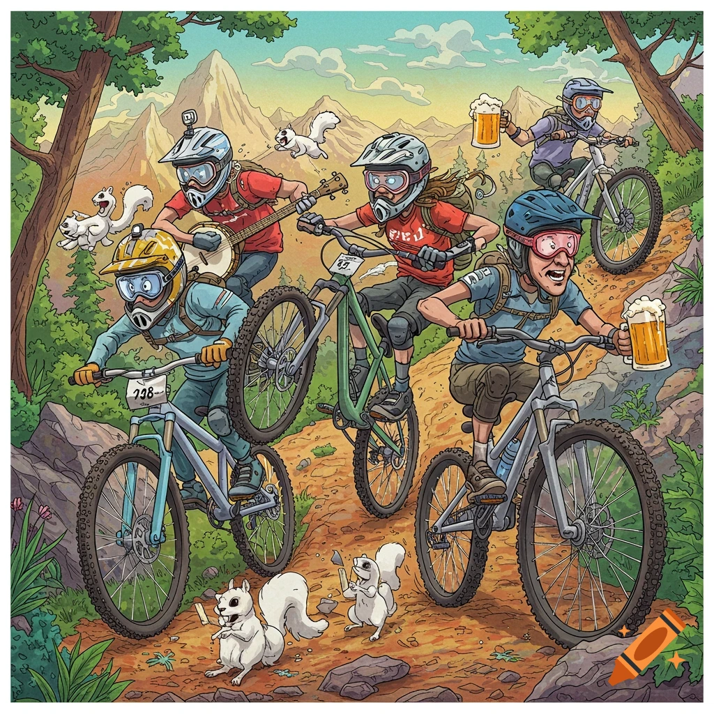 Cartoon of mountain bikers with beer and banjos, accompanied by white squirrels on a trail.