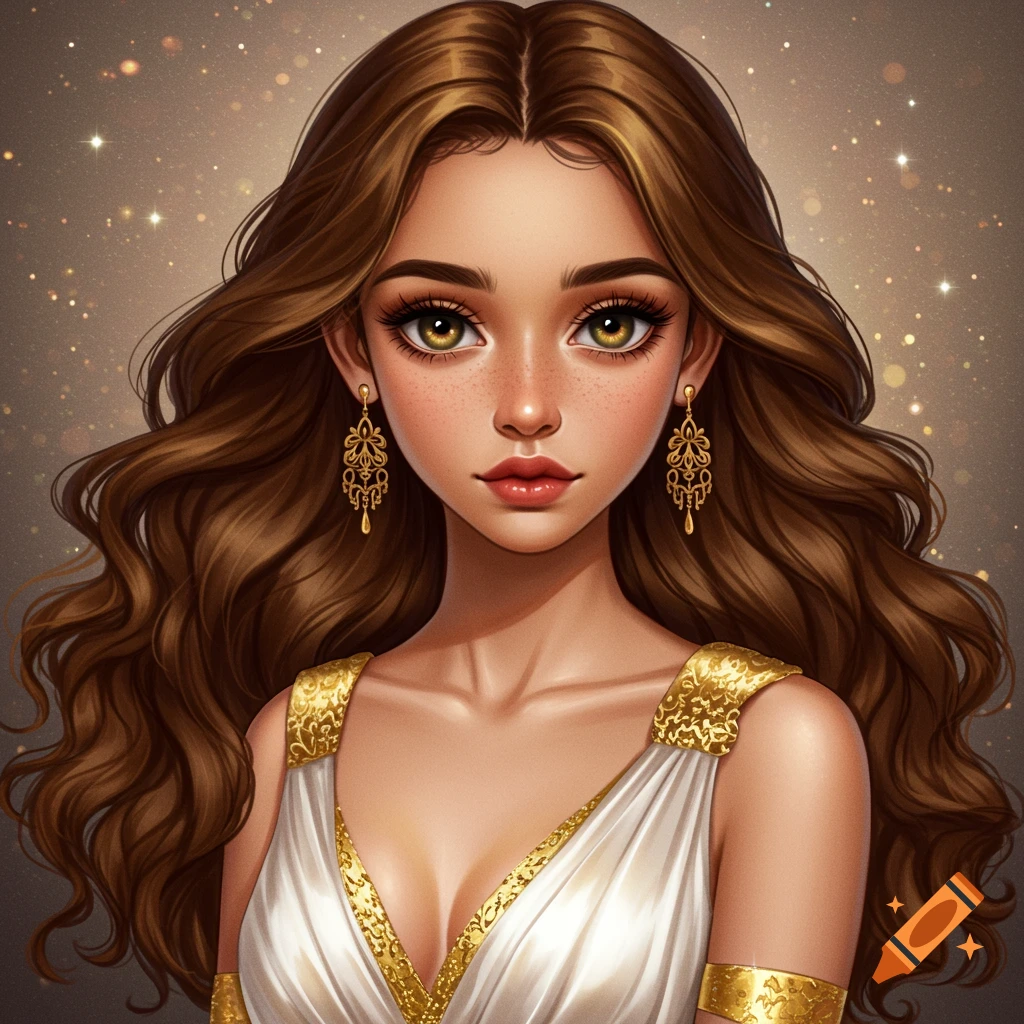 A portrait of a woman with long brown hair and hazel eyes, wearing gold earrings and a white and gold dress, set against a sparkling background.