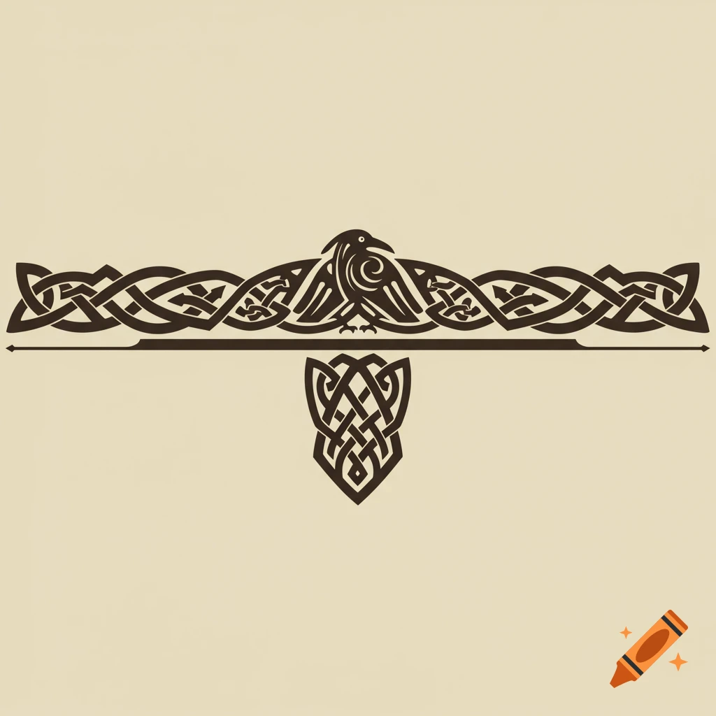 A horizontal decorative design featuring a central raven surrounded by dark brown knotwork on a light background.