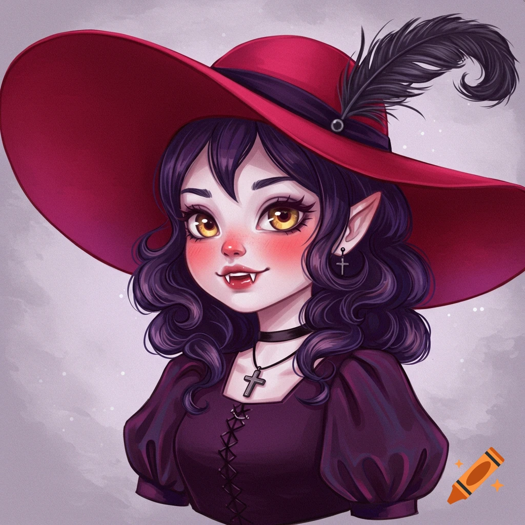 A cute vampire girl is shown with a red hat and cross jewelry.