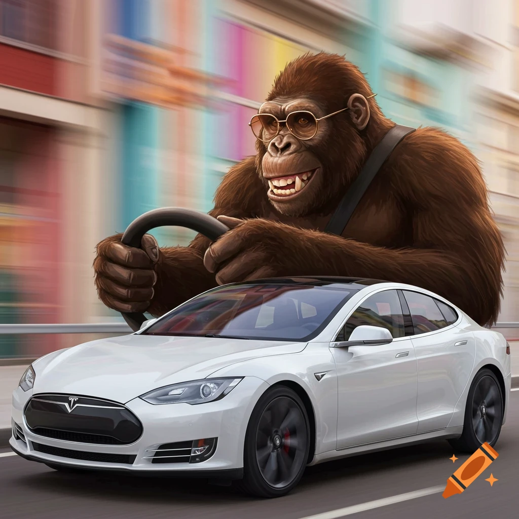 Smiling ape wearing sunglasses driving a white Tesla car on a street.