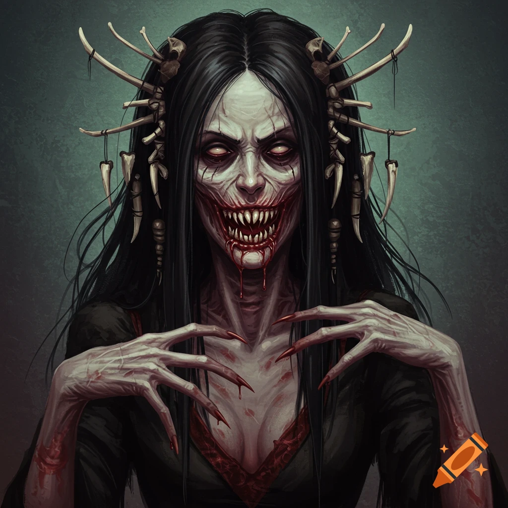A creepy creature with long black hair adorned with bones, sharp teeth, and blood