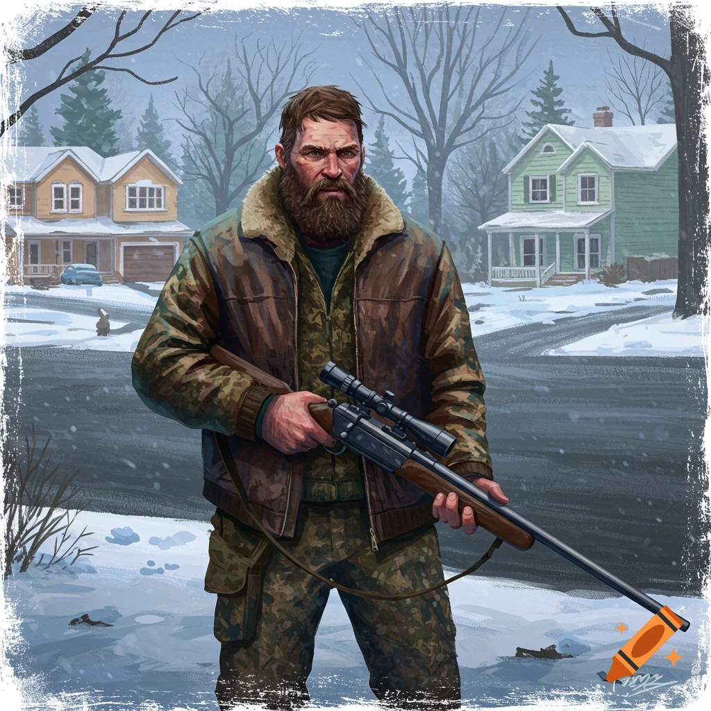 A bearded man with a rifle stands in a snowy residential street.