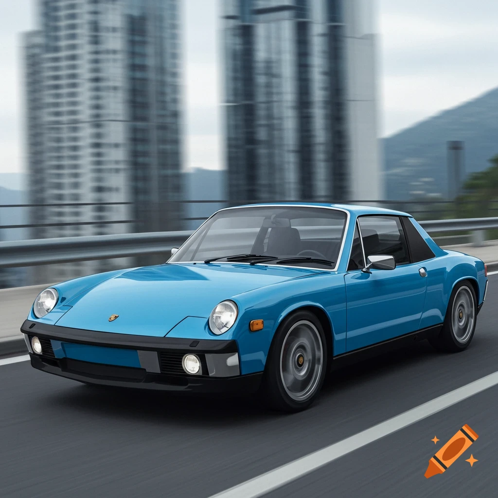 Blue classic Porsche car driving on a road with motion blur.