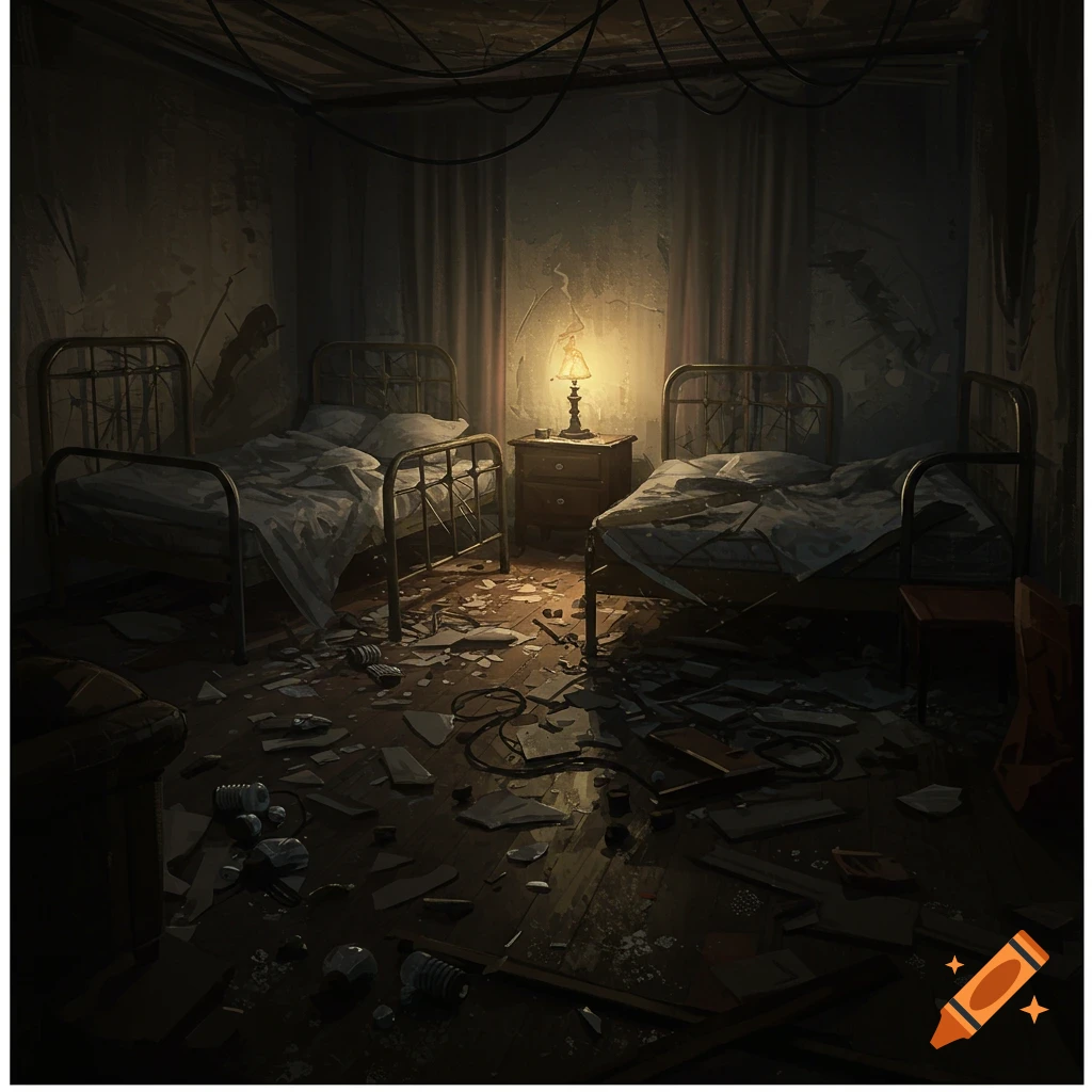Darkly lit abandoned room with two messy beds, a lamp on a nightstand, and debris scattered on the floor.