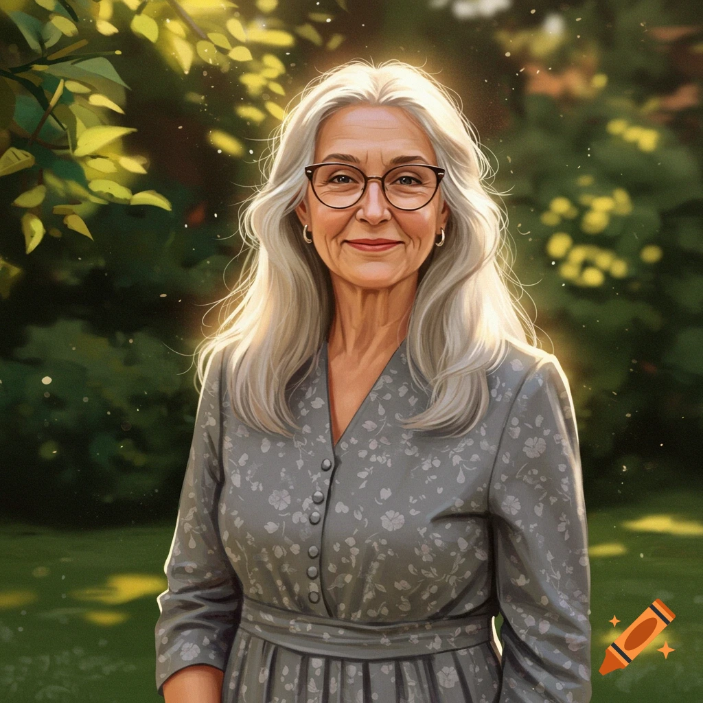 An older woman with grey hair and glasses wears a grey dress and sits in a garden.