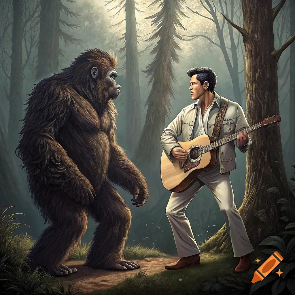 Bigfoot and Elvis meet in a forest, Elvis plays an acoustic guitar
