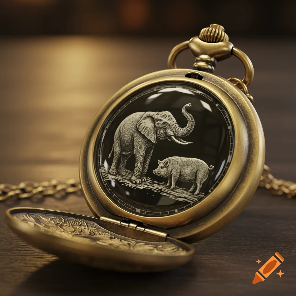 Close-up of an antique pocket watch with an elephant and pig etched on its face.